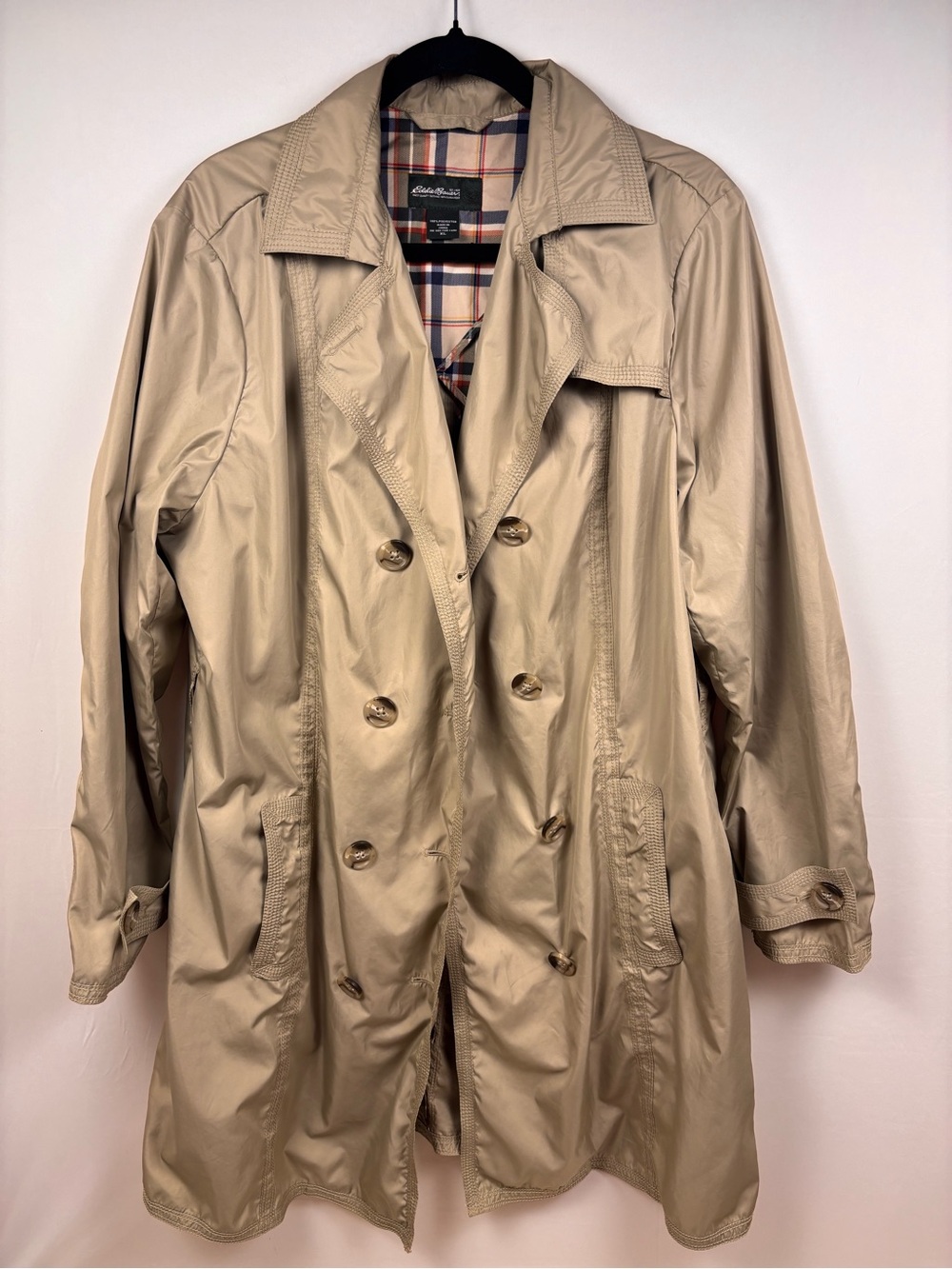Eddie Bauer Women's XL Beige Double Breasted Trench Coat Plaid Lined